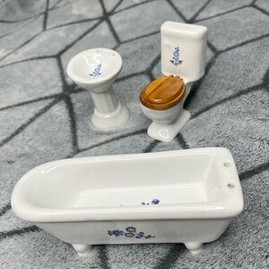 Vintage Porcelain Dollhouse Bathroom Set - Toilet, Pedestal Sink, Clawfoot Tub